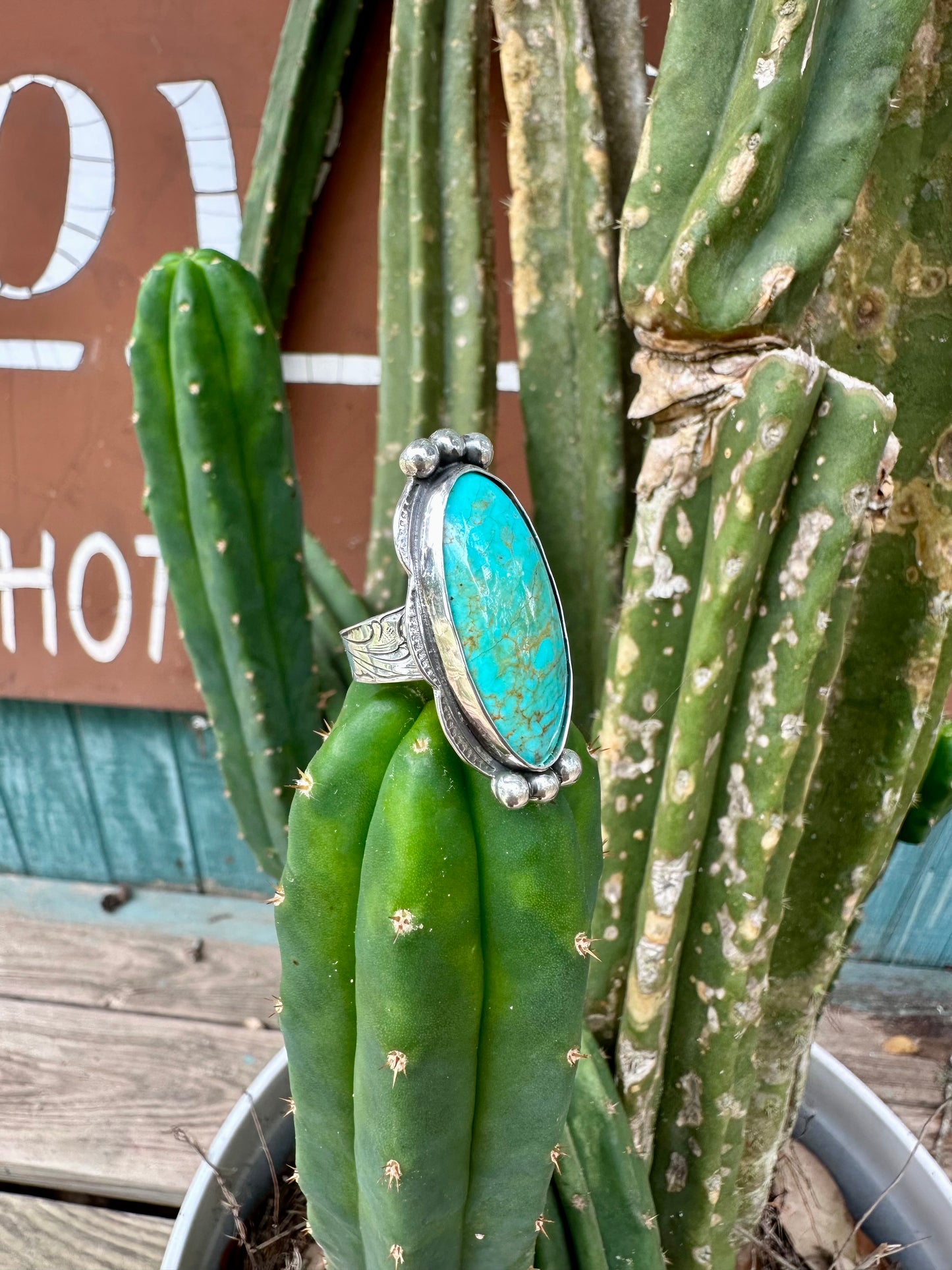 Turquoise Ring with Hand Engraved Silver - Size 7