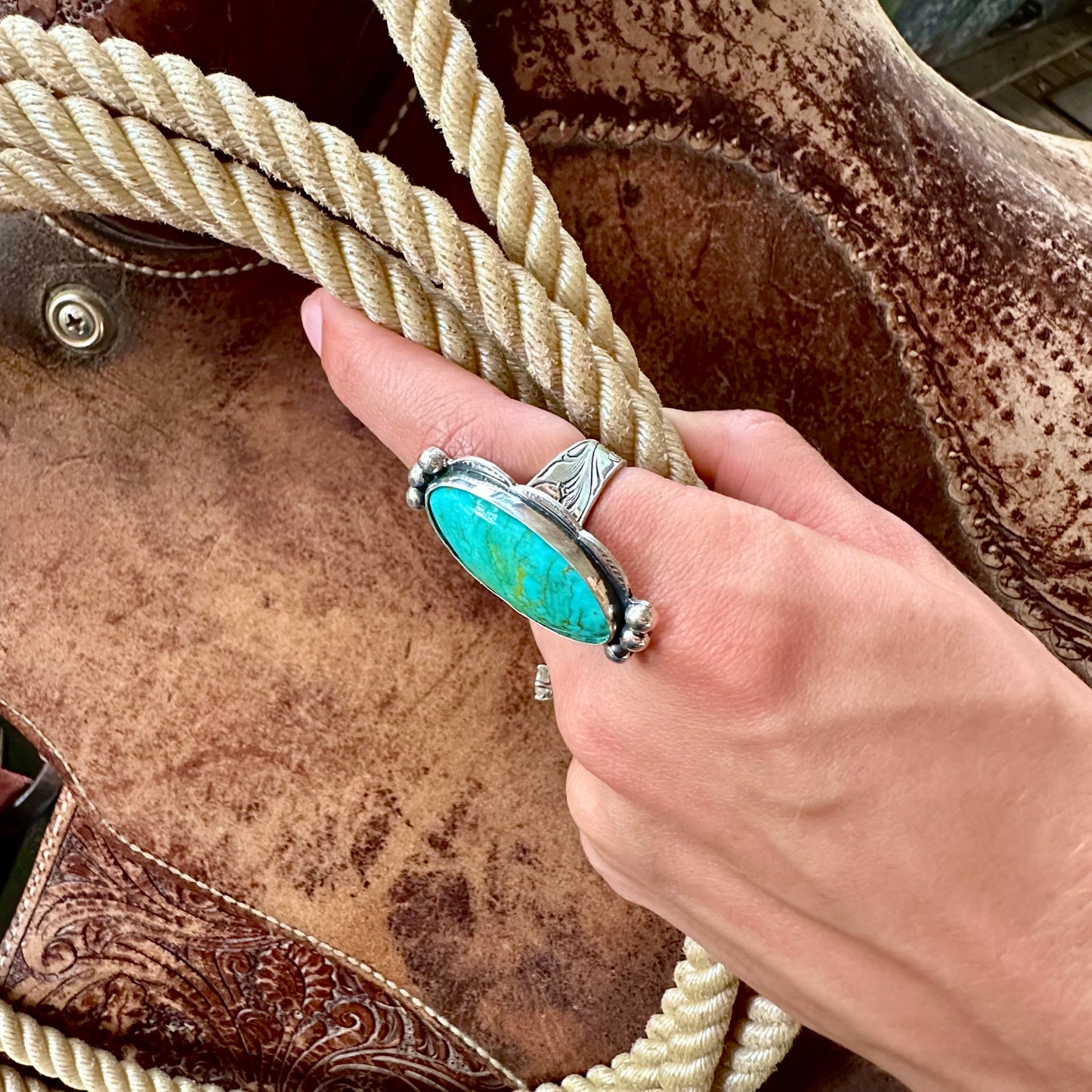 Turquoise Ring with Hand Engraved Silver - Size 7